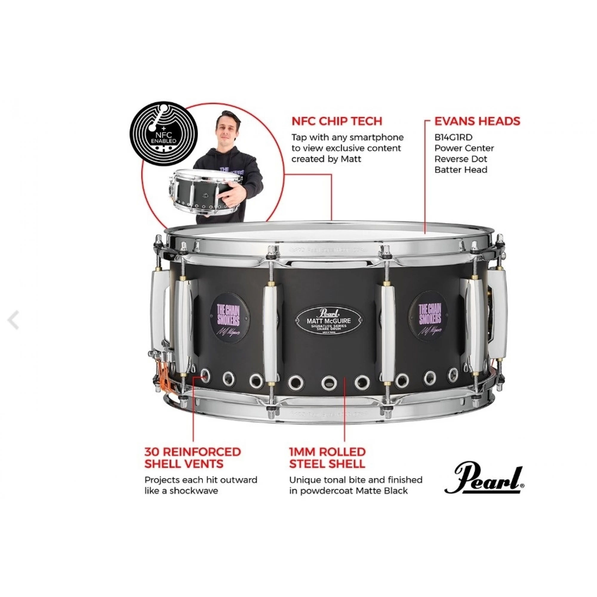 Pearl 14"x 6.5" Matt McGuire Signature Snare Drum 4 Pearl 14"x 6.5" Matt McGuire Signature Snare Drum - Image 2