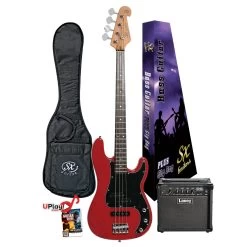SX Vintage Style Bass And Laney LX15B Amp Starter Pack In Fiesta Red