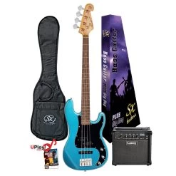 SX Vintage Style Bass And Laney LX15B Amp Starter Pack In Lake Placid Blue