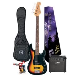 SX Vintage Style Bass And Laney LX15B Amp Starter Pack In 3 Tone Sunburst